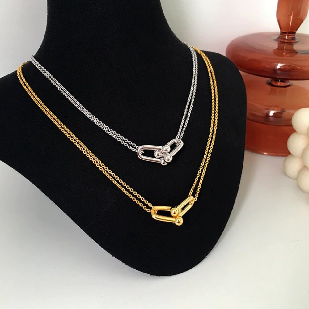 NEW Silver/Gold Simple Double Lock Necklace - Picture 1 of 5